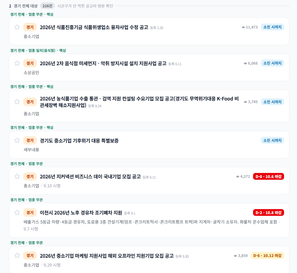 경기도 전체 공고 묶음. 음식점 미세먼지와 악취 방지시설 설치 지원사업에 업종 일치 핵심 표시가 붙어 있다